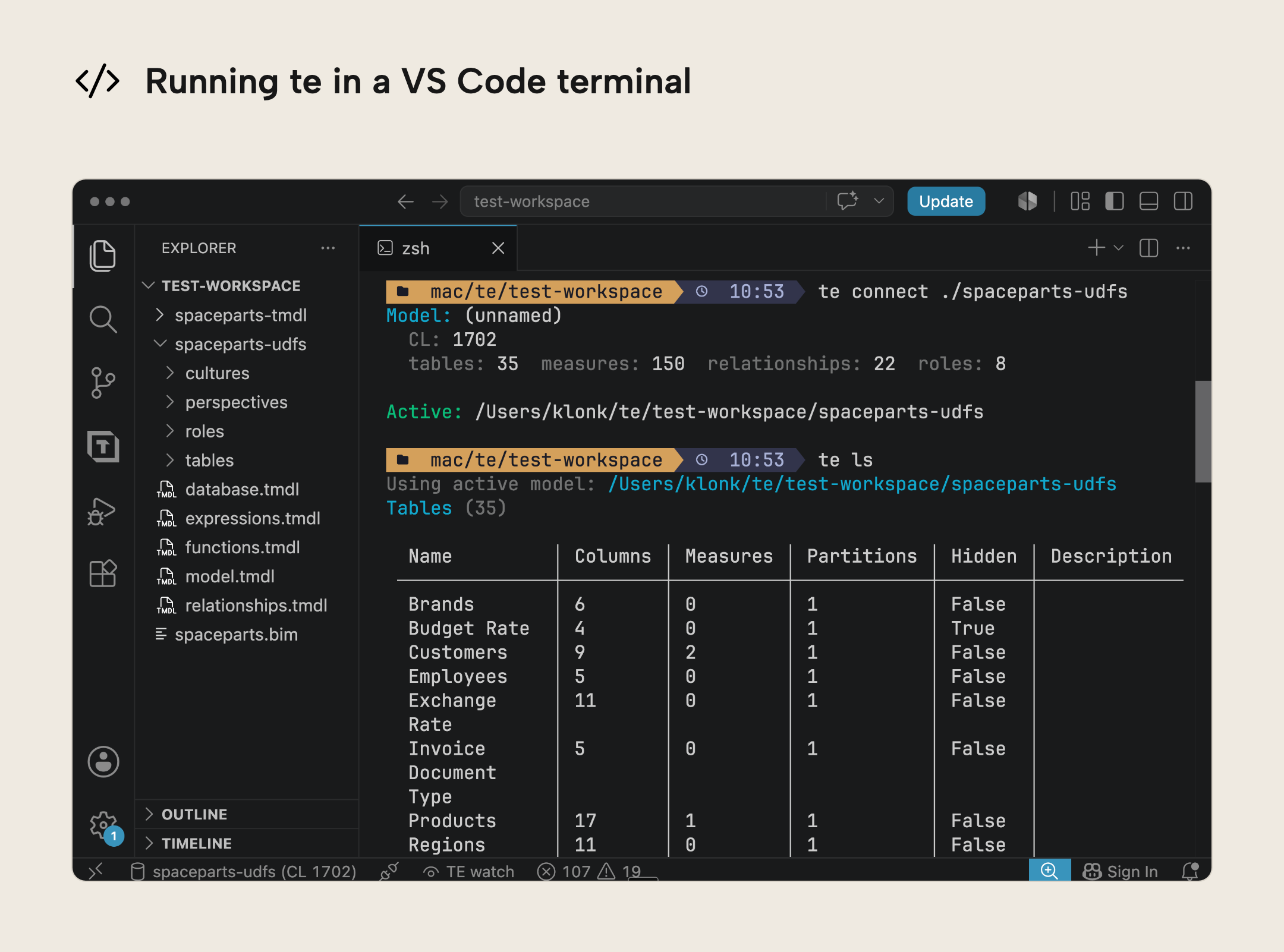 A VS Code window on macOS running te connect and te ls in the integrated terminal, with the model's TMDL files listed in the Explorer