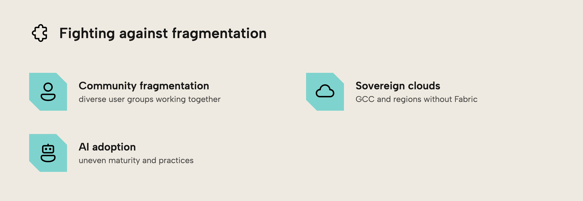 Three areas of fragmentation discussed at Power BI DC Days: community fragmentation, sovereign clouds, and AI adoption