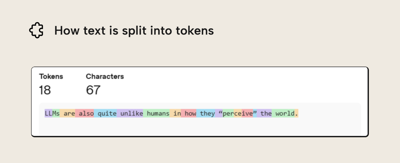 A tokenizer splitting one 67-character sentence into 18 colored tokens