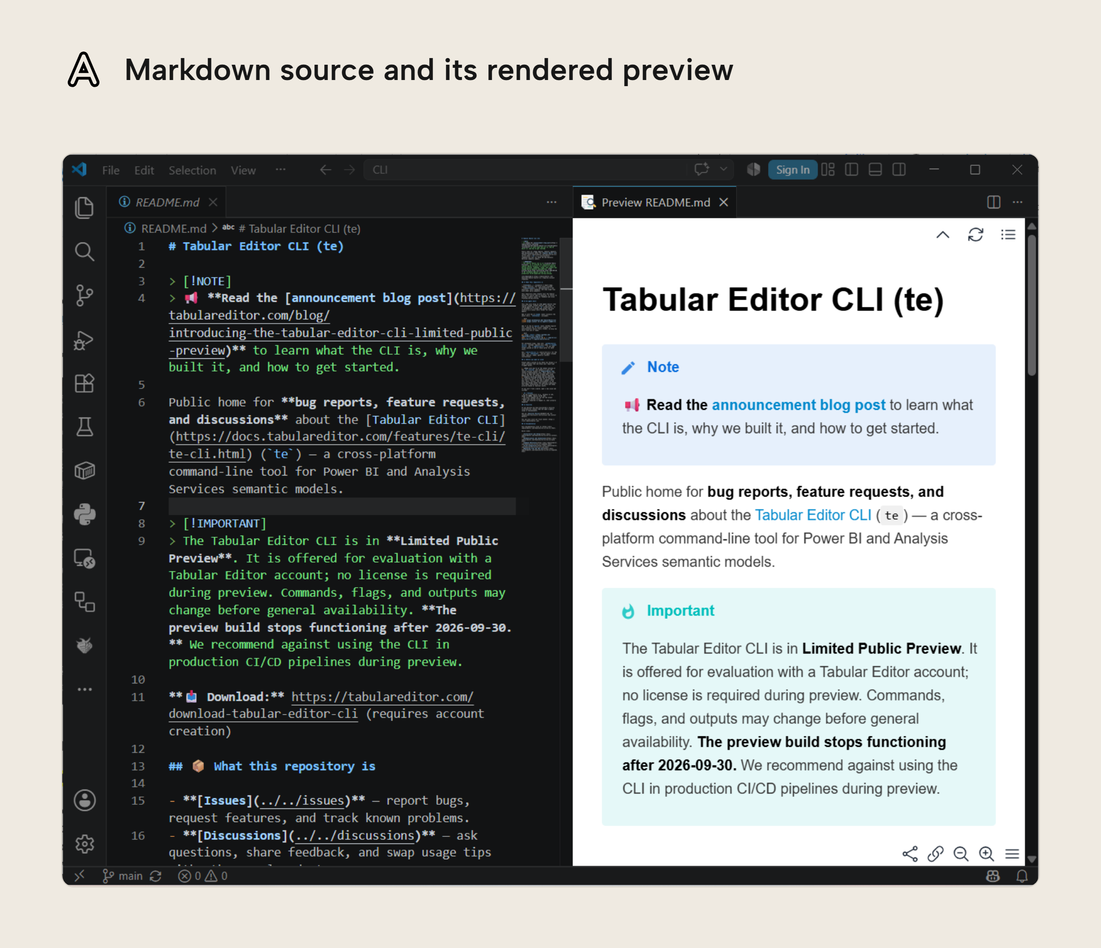 VS Code showing a README in raw Markdown on the left and its rendered preview on the right, where hashes become headings and double asterisks become bold text