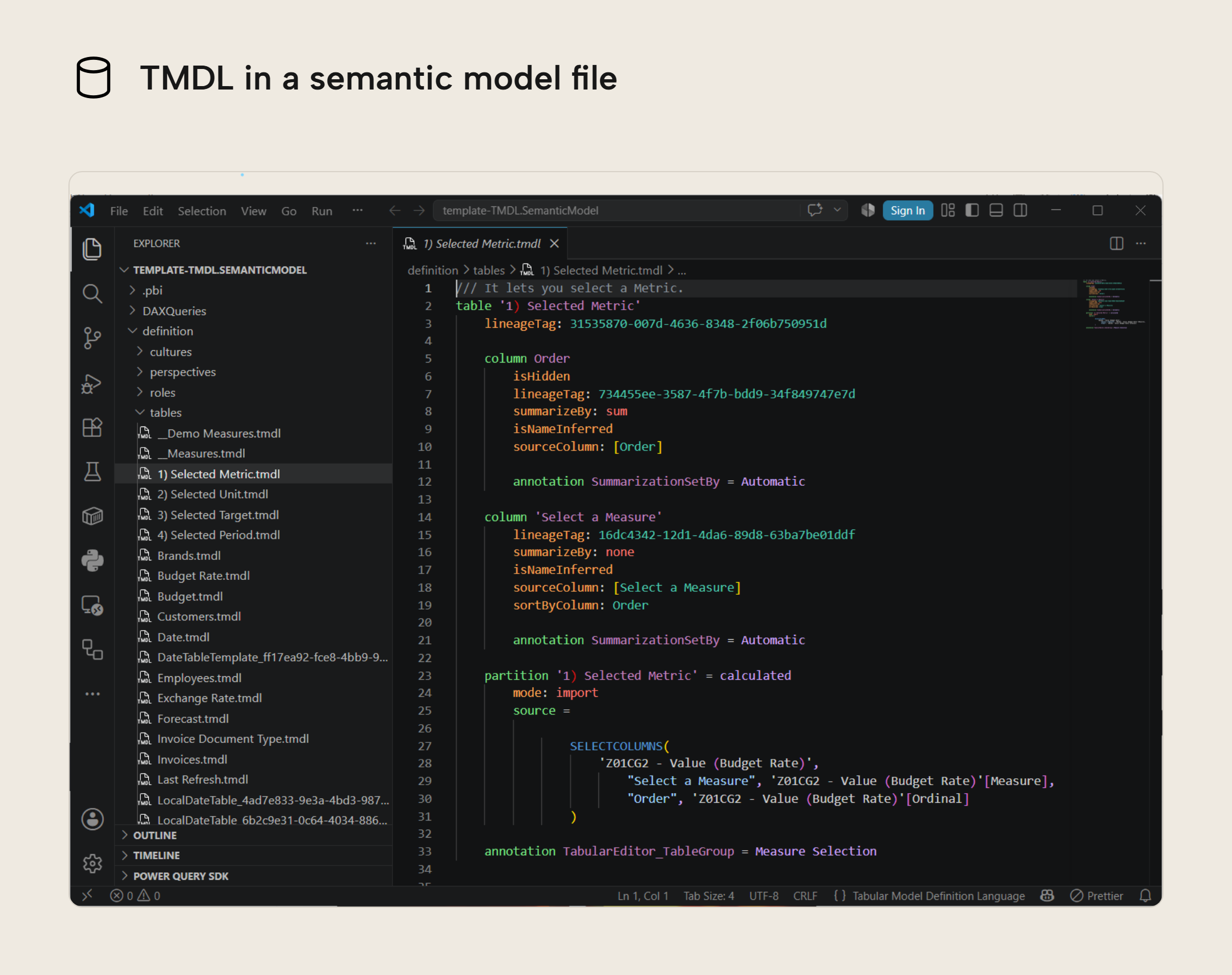 VS Code showing a TMDL file for a semantic model table, with properties as plain key and value pairs and no quoting or closing braces to track