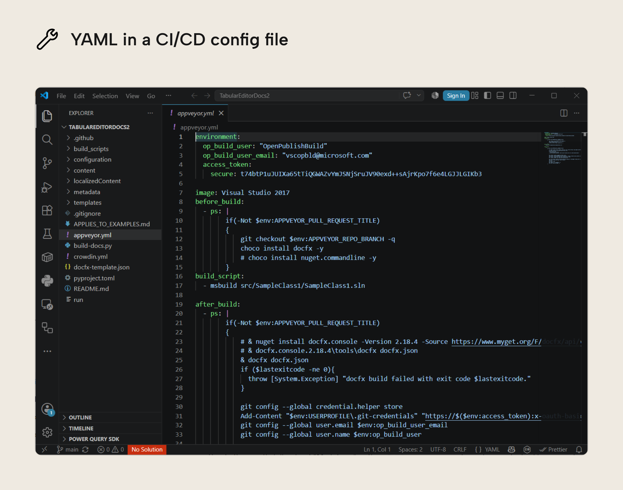 VS Code showing an appveyor.yml build config, where indentation alone defines the nesting so a misplaced tab changes the meaning