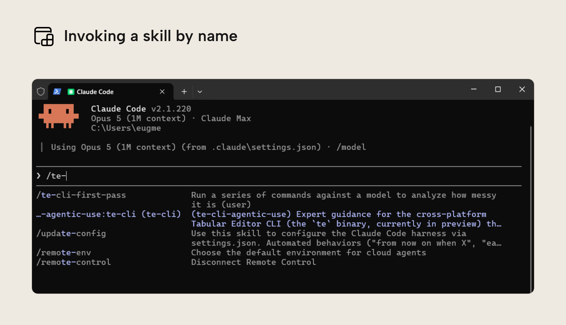 The Claude Code terminal with /te- typed, showing the skill picker listing te-cli-first-pass and the te-cli plugin skill