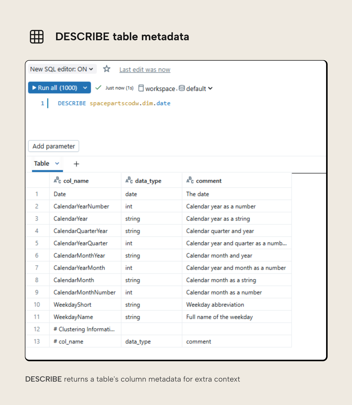 Databricks SQL DESCRIBE command output showing the column metadata for the dim.date table