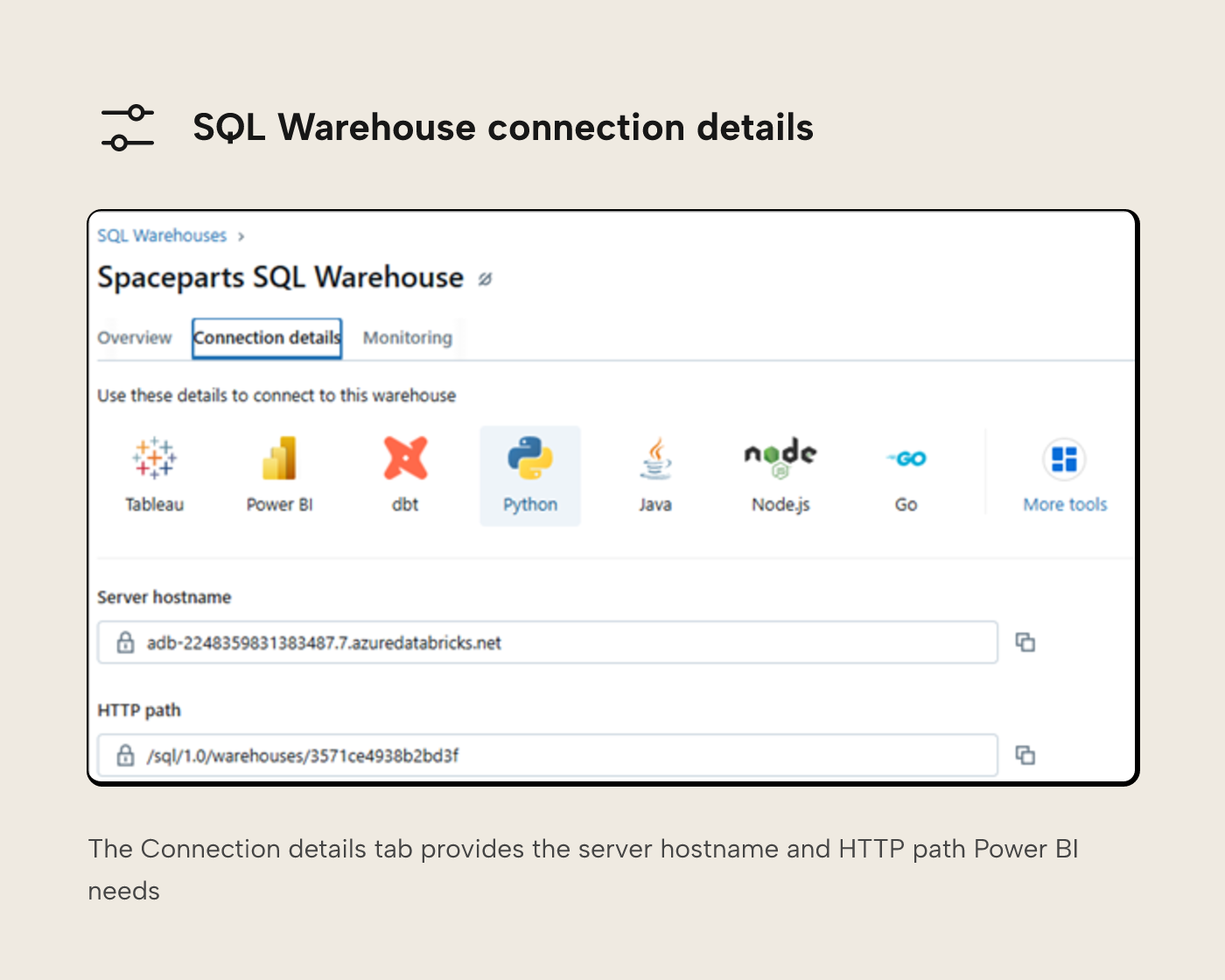 Databricks SQL Warehouse Connection details tab showing the server hostname and HTTP path used to connect Power BI