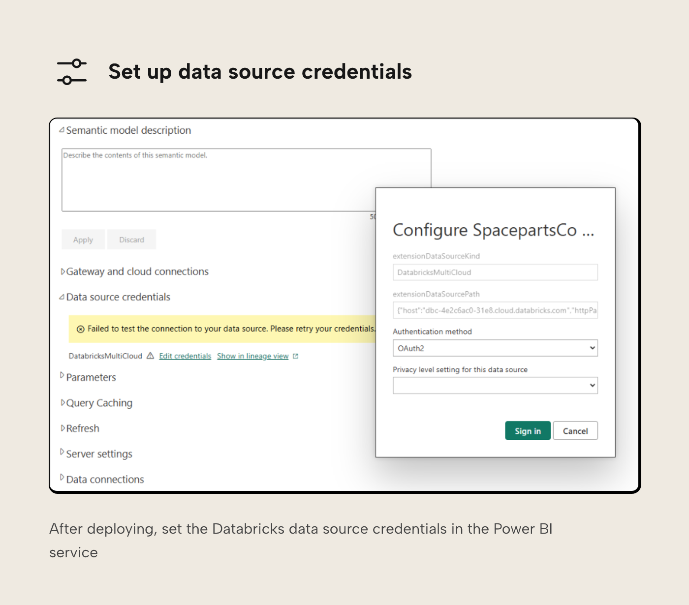Power BI service semantic model settings showing Databricks data source credentials configured with OAuth2 authentication