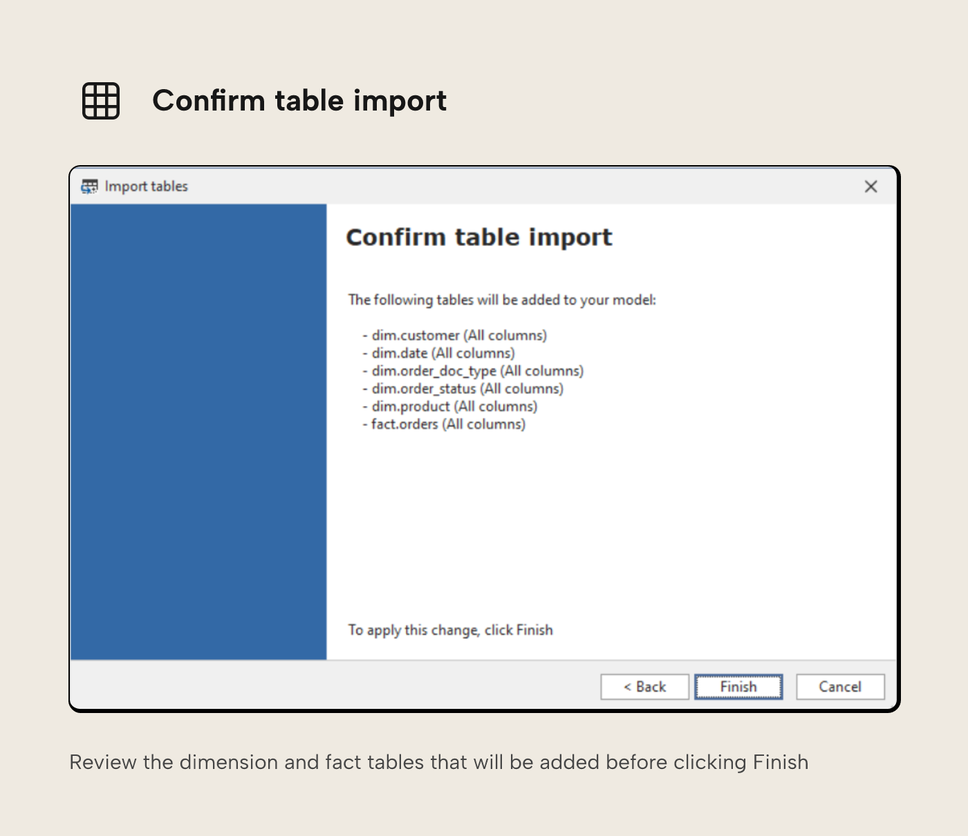 Tabular Editor 3 Confirm table import step listing the dim and fact.orders tables that will be added to the model