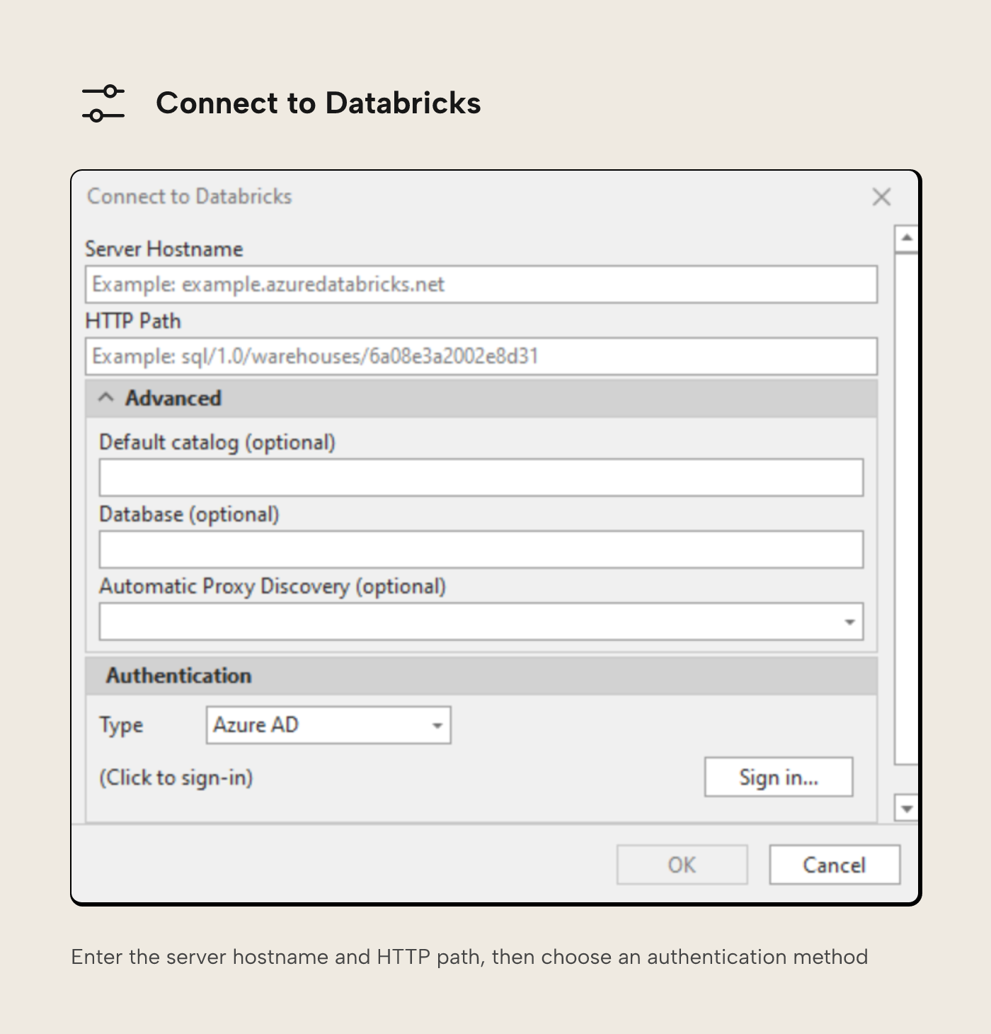 Tabular Editor 3 Connect to Databricks dialog with fields for server hostname, HTTP path, and authentication type