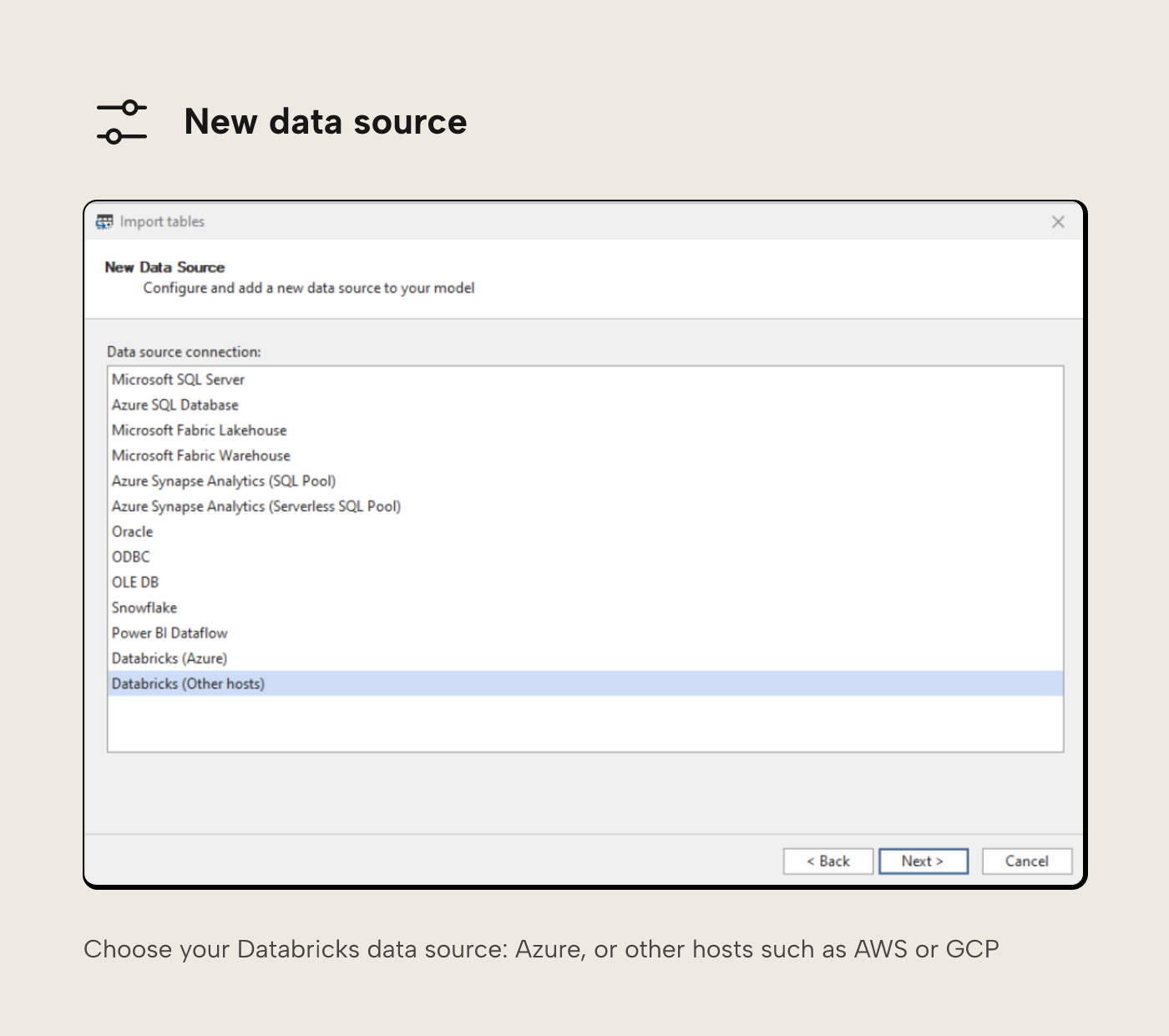 Tabular Editor 3 New Data Source list with Databricks (Other hosts) selected as the connection type