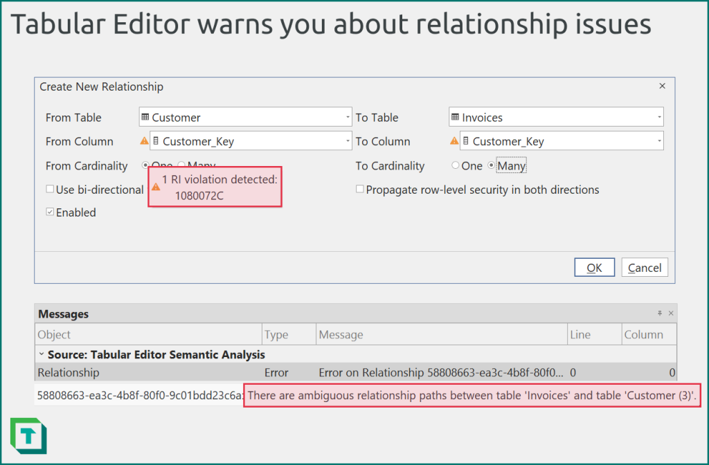 Tabular Editor warns you about relationship issues