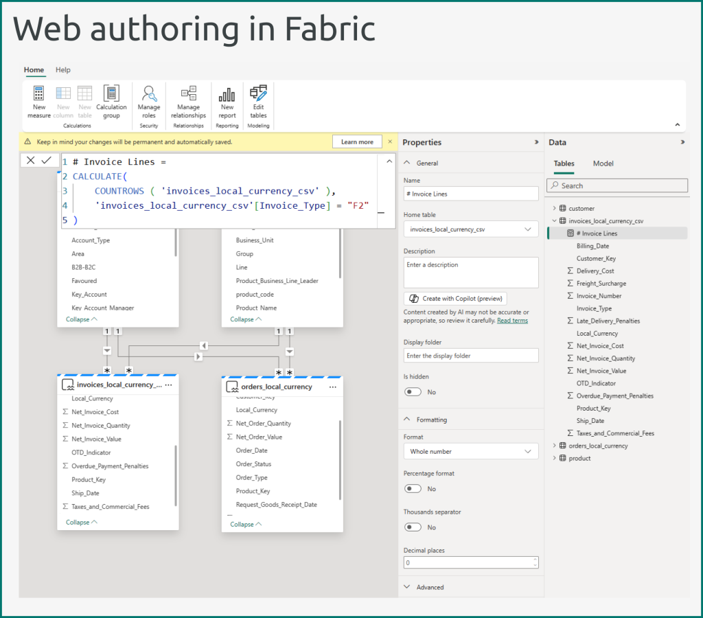 the web authoring user interface for semantic models in Fabric.