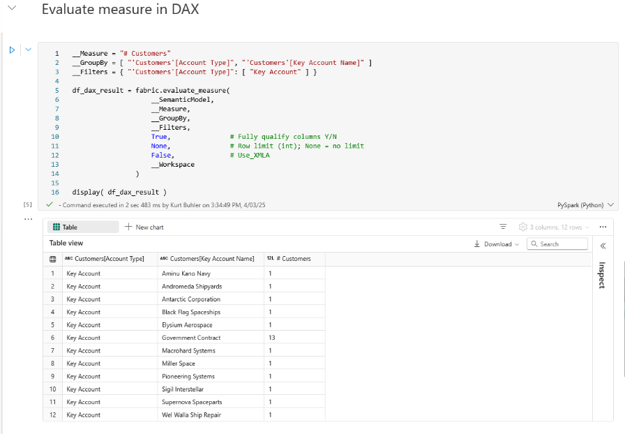 Evaluating a measure with DAX in a notebook