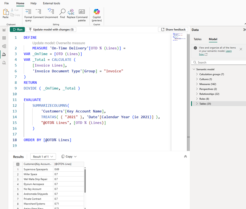 A DAX query in the DAX query view