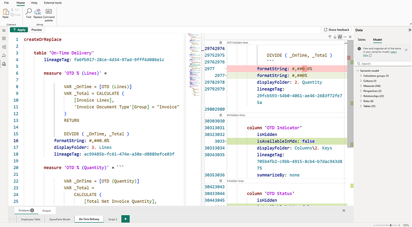 The TMDL view with a script and its previewed changes