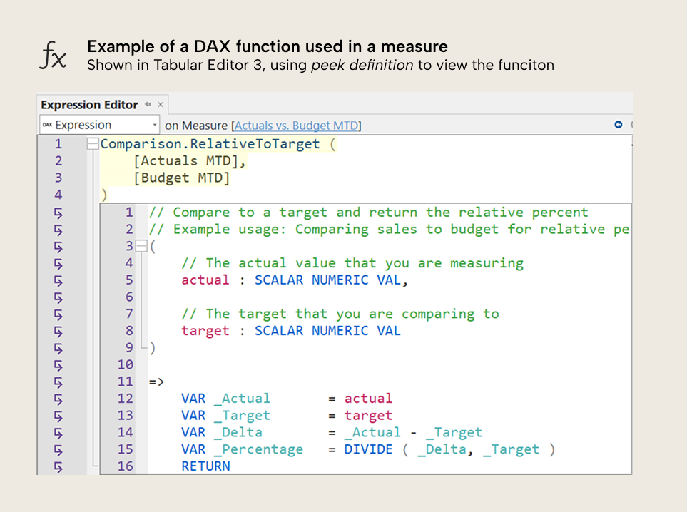 KB023 Figure 6 - Screenshot from Tabular Editor 3 showing a DAX user-defined function called from a measure, with peek definition open for the function body