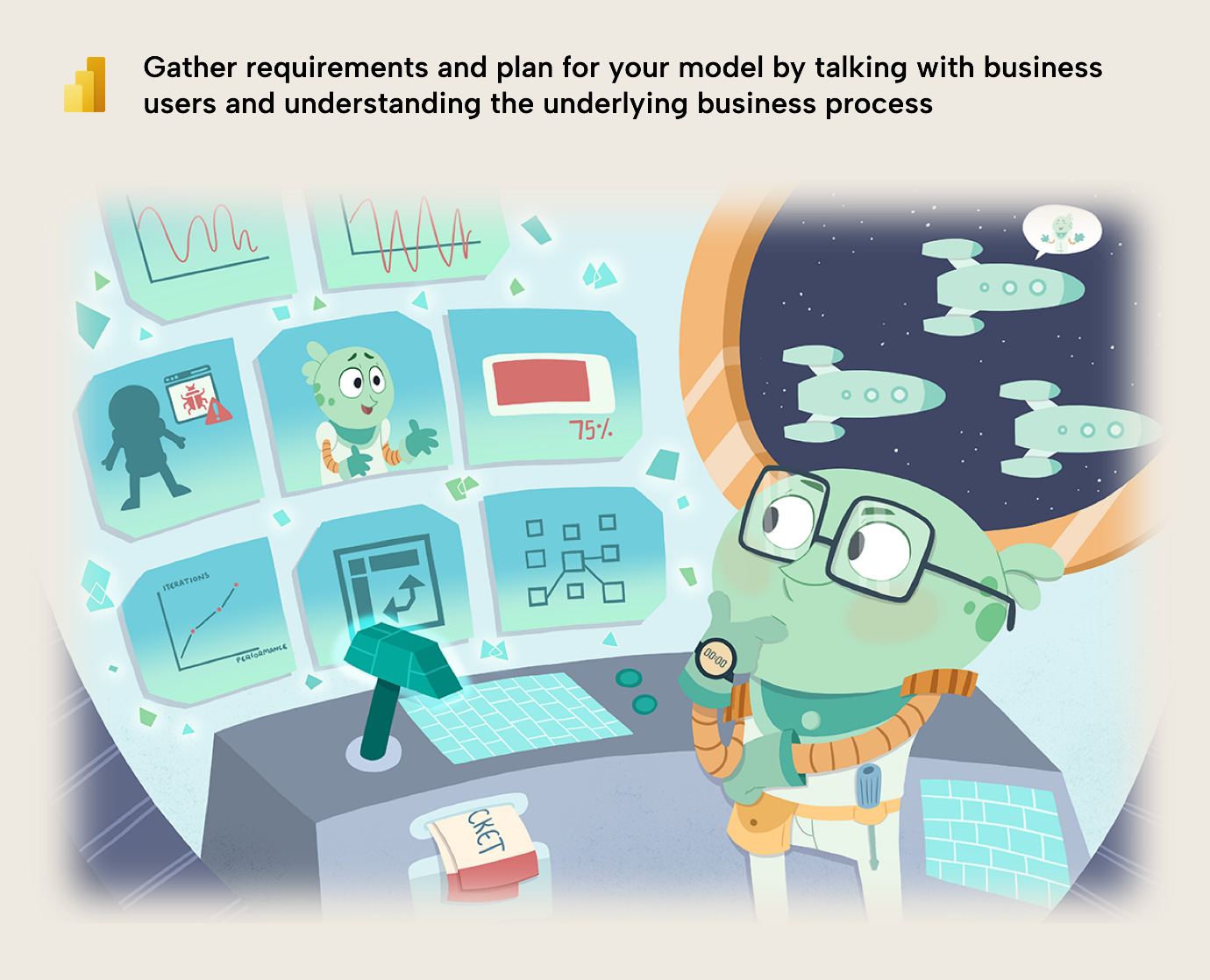 KB023 Figure 2 - Illustration of an analyst studying reports and charts with a magnifying glass, representing requirements gathering by talking with business users about the business process