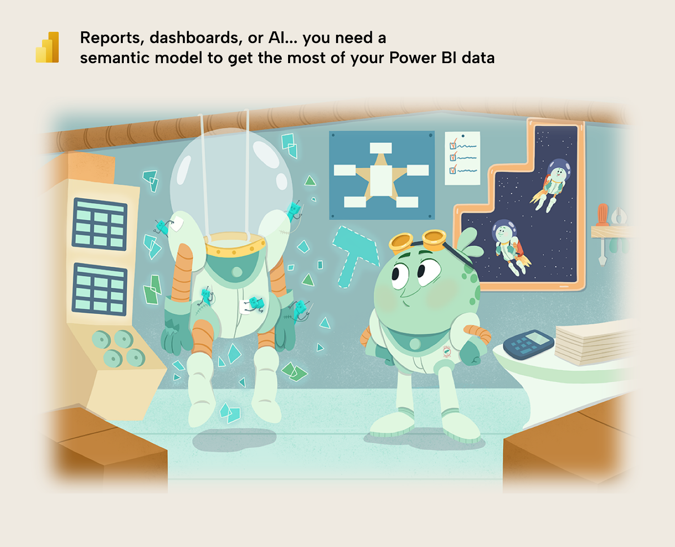 KB023 Figure 1 - Illustration of two SpaceParts characters in a lab, showing that reports, dashboards, and AI all rely on a Power BI semantic model