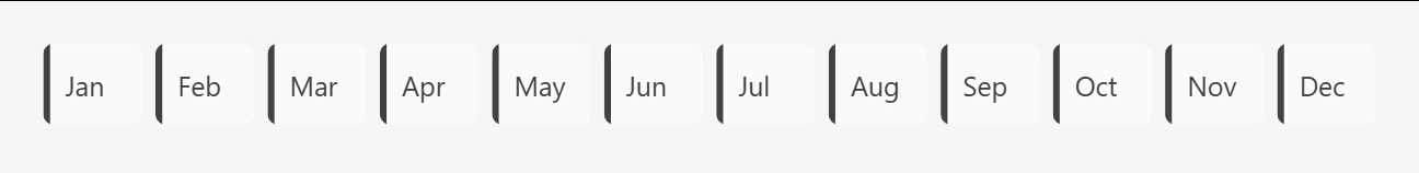 A month button slicer from January to December with rounded white buttons and grey accent bars, shown before conditional formatting is applied.