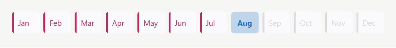 The same month button slicer after conditional formatting, with past months showing red accent bars, August selected and highlighted in blue, and future months greyed out.