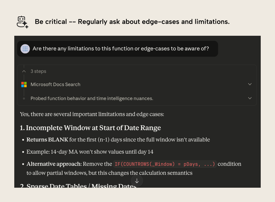 Claude answering a follow-up prompt that asks about limitations and edge-cases of the function, listing an incomplete window at the start of the date range and sparse date tables with missing dates.