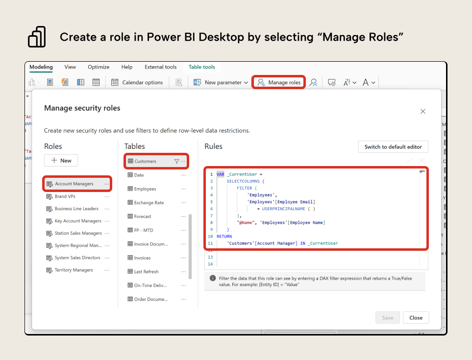 KB036 Figure 3 - The Manage Roles dialog in Power BI Desktop showing the Account Managers role with a DAX filter expression