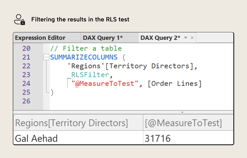 KB036 Figure 9 - DAX query results showing filtered Territory Directors data with RLS filter applied