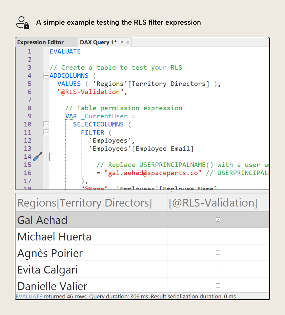 KB036 Figure 8 - DAX query window showing an ADDCOLUMNS expression testing RLS filter validation with Territory Directors
