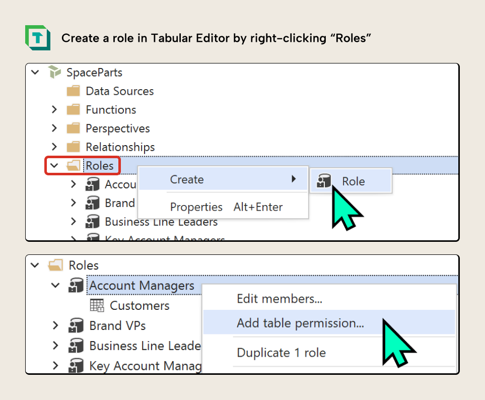 KB036 Figure 4 - Tabular Editor interface showing how to create a new role by right-clicking Roles in the TOM Explorer