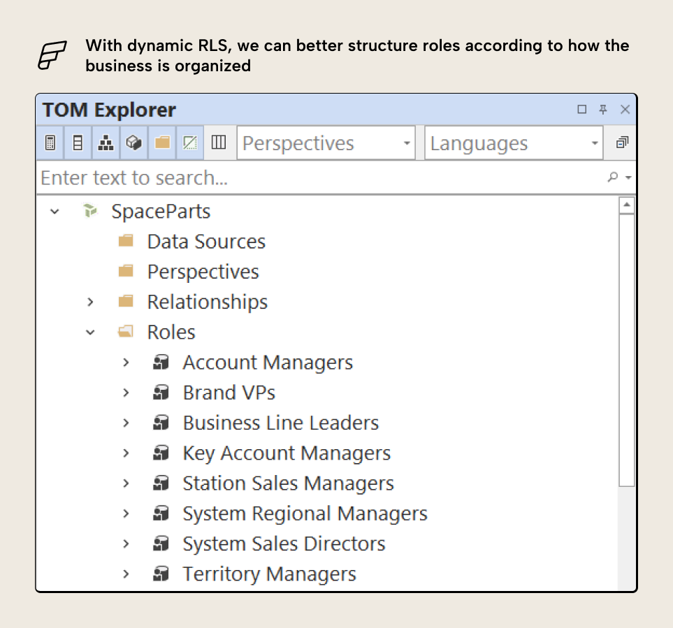 KB036 Figure 7 - Tabular Editor TOM Explorer showing the Roles folder expanded with multiple security roles