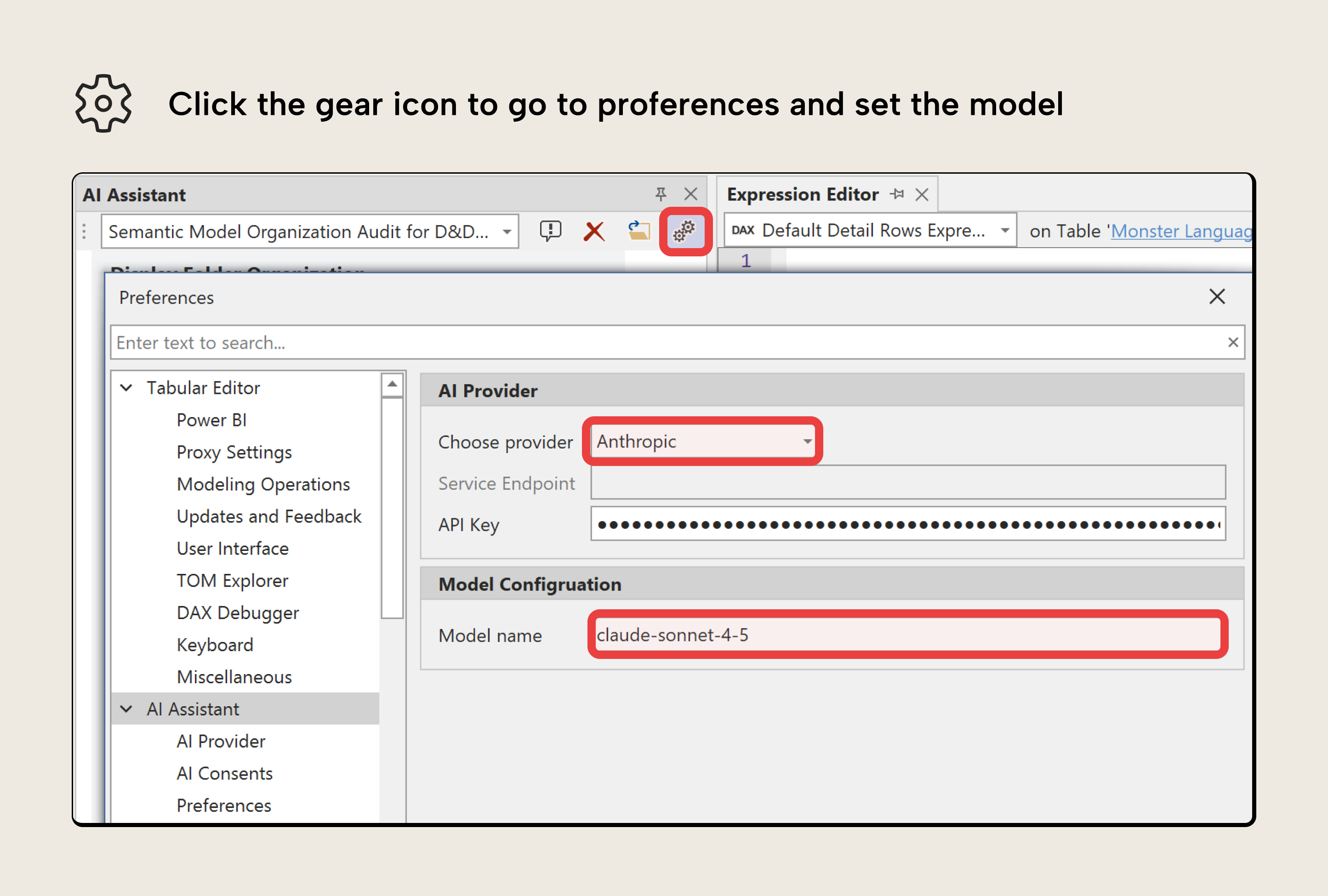Click the gear icon to go to preferences and set the model