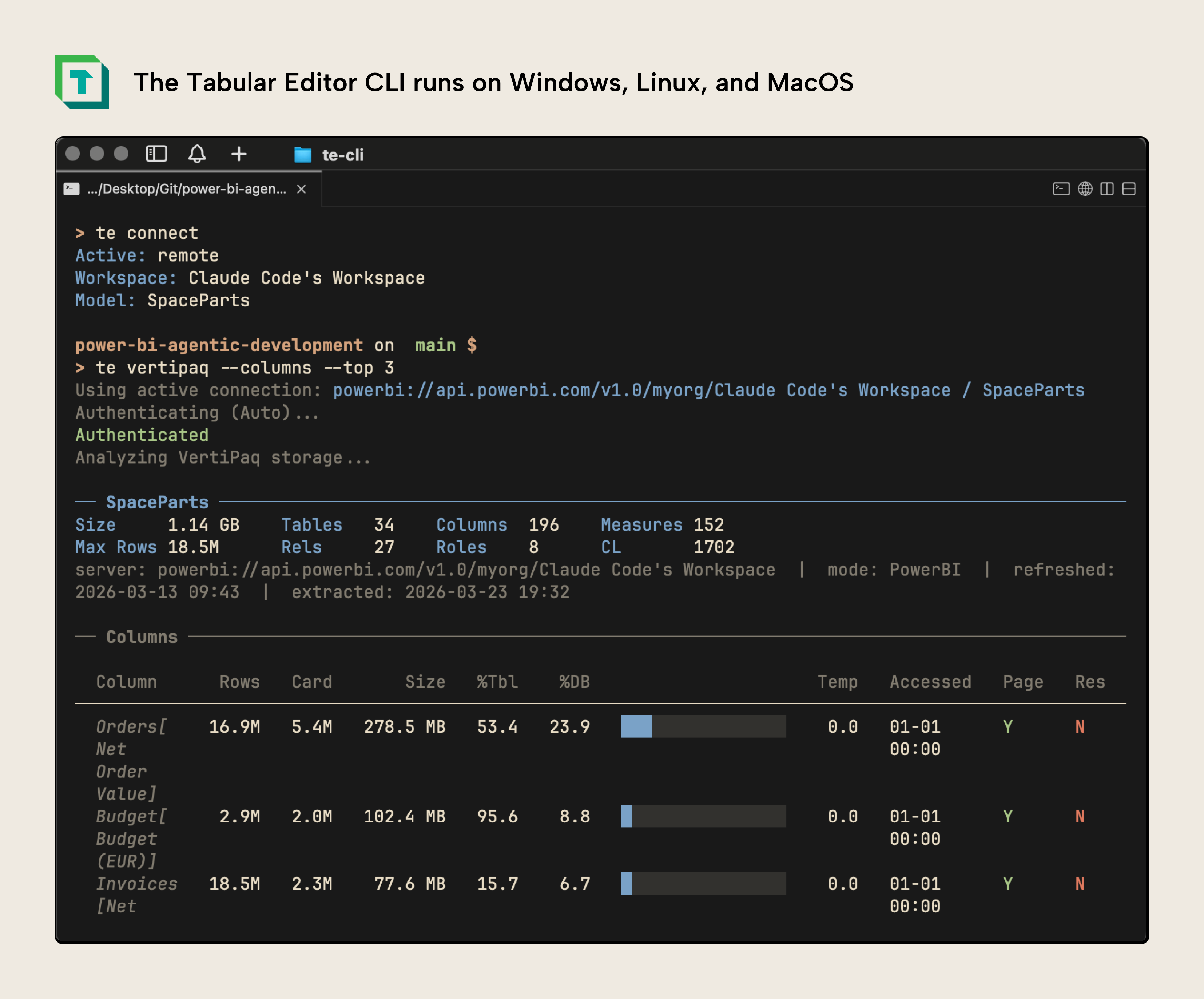 KB043 Figure 10 - The Tabular Editor CLI running on macOS, connected to a remote semantic model and displaying VertiPaq Analyzer results with table sizes, column counts, and row statistics