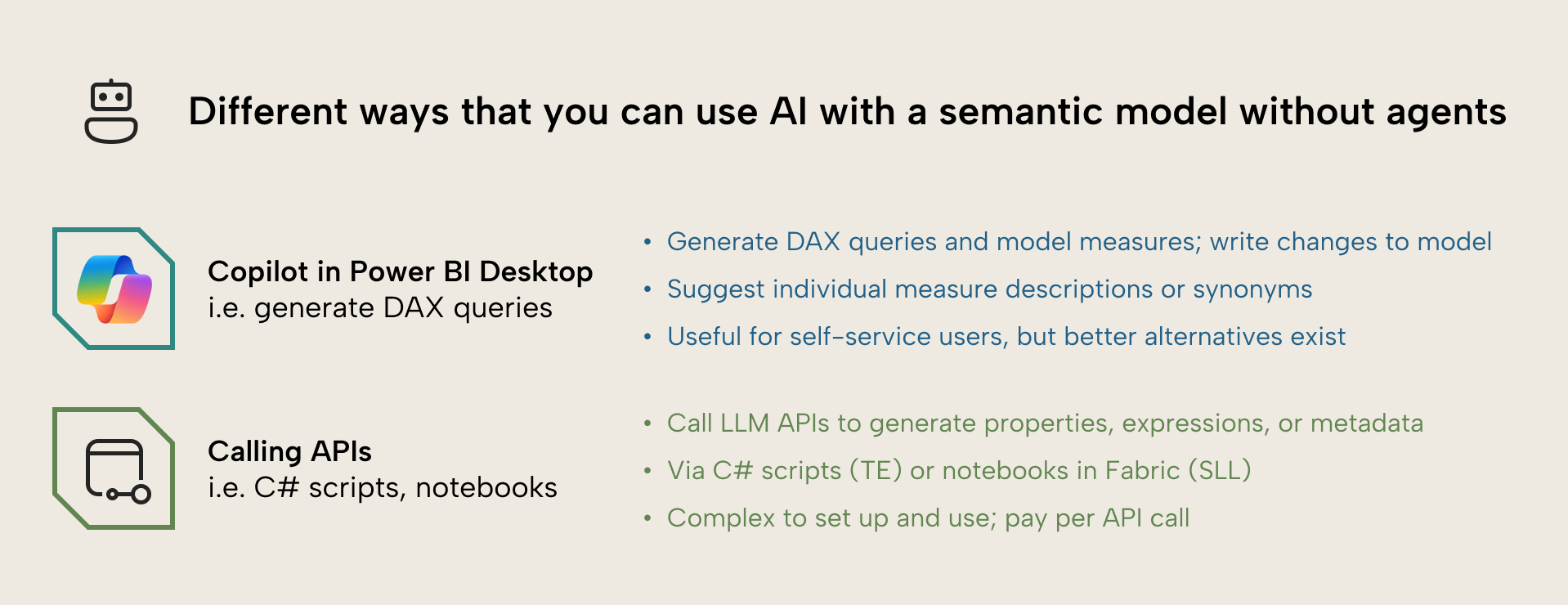 KB037 Figure 6 - You can use Copilot in Power BI Desktop or you can call LLM APIs to use AI with semantic models without using agents