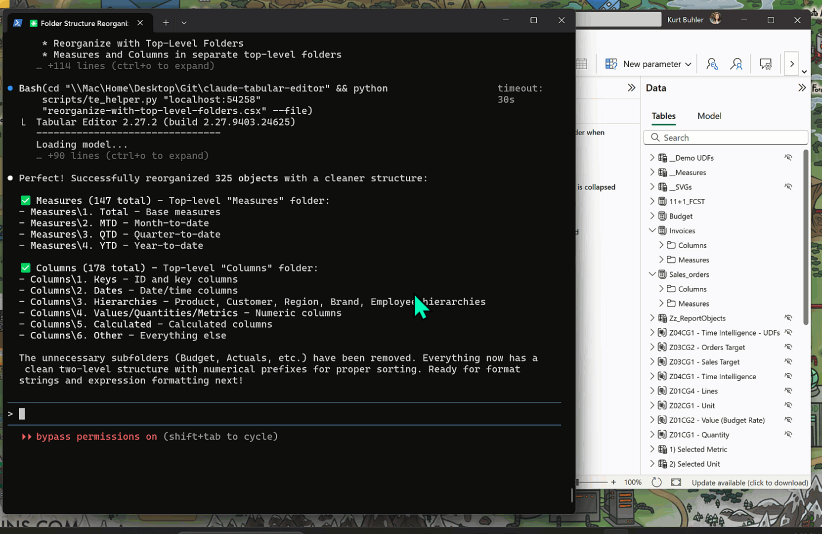 KB040 Figure 2 - An example of a coding agent, Claude Code, making changes to a semantic model via C# scripts