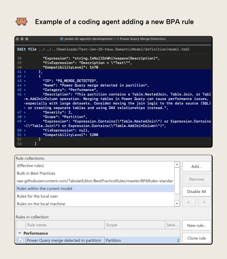 KB042 Figure 10 - Coding agent creating a new BPA rule to detect Power Query merge operations, showing the generated JSON rule definition and the updated Best Practice Analyzer results in Tabular Editor