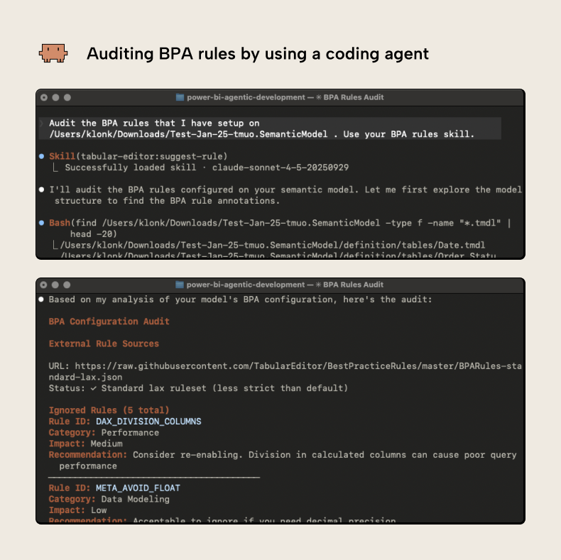 KB042 Figure 9 - Terminal output showing a coding agent auditing BPA rules in a semantic model, listing each rule with its category and flagging issues like floating point data types