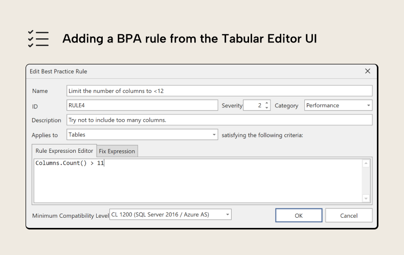 KB042 Figure 7 - Edit Best Practice Rule dialog in Tabular Editor showing fields for name, ID, severity, category, description, scope, and the rule expression editor with a sample expression