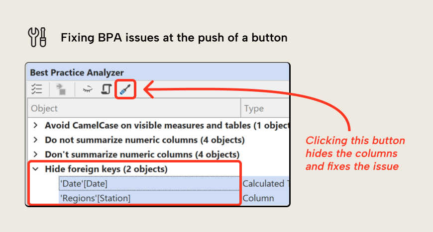 KB042 Figure 5 - Best Practice Analyzer in Tabular Editor showing the fix button that automatically resolves issues like hiding foreign key columns when a fix expression is defined for the rule