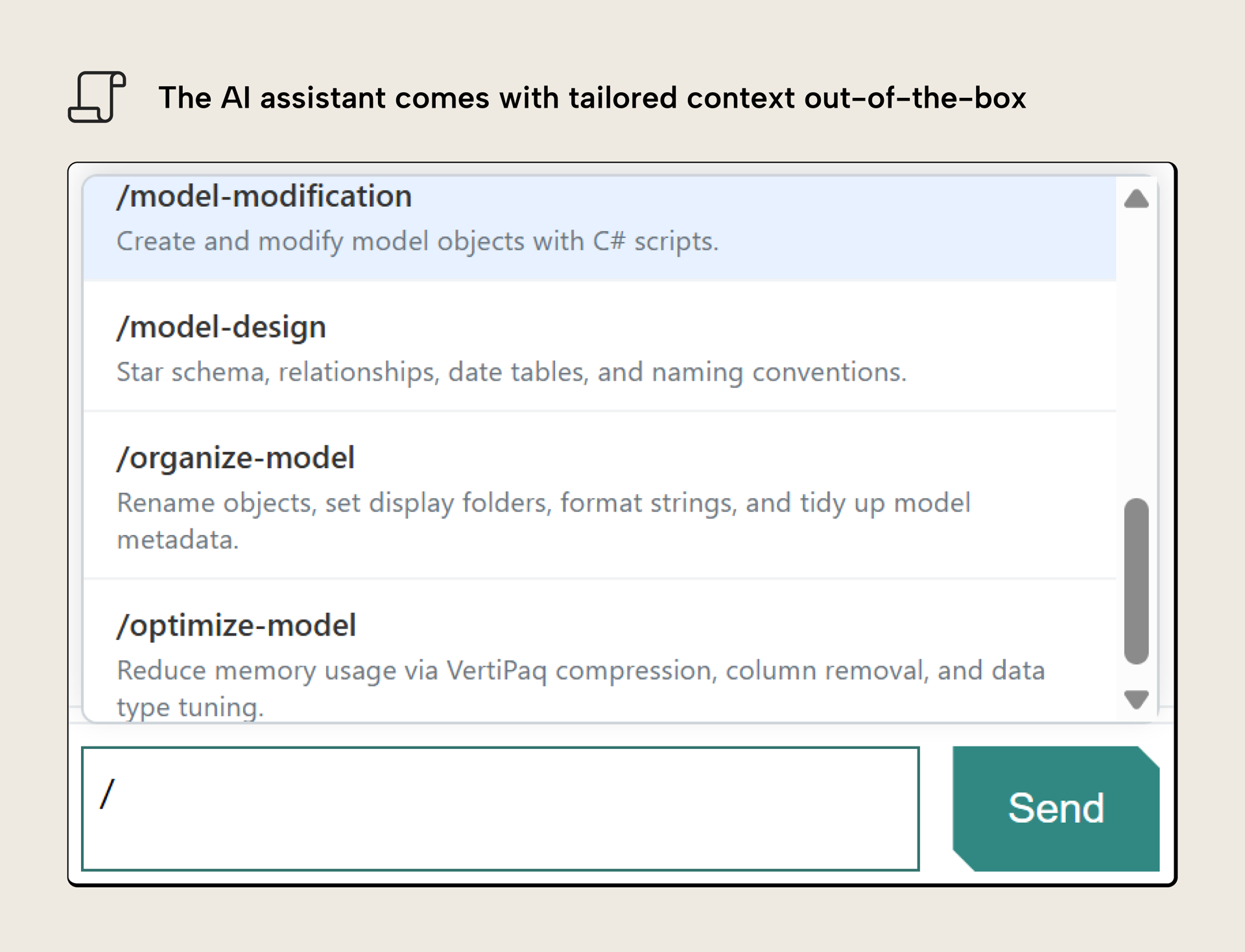 KB044 Figure 9 - The AI assistant chat input in Tabular Editor showing built-in slash command skills including model-modification, model-design, organize-model, and optimize-model