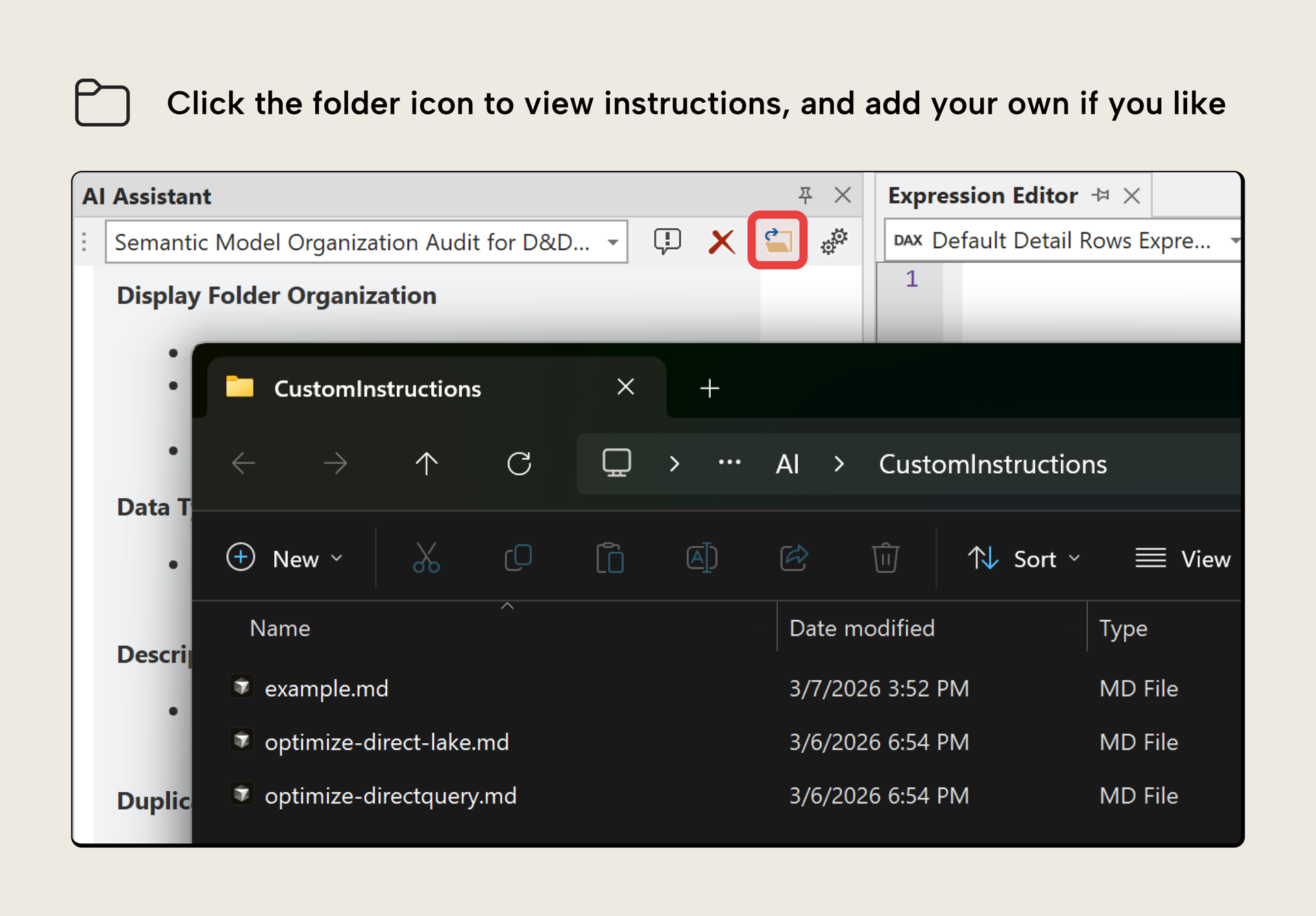 KB044 Figure 8 - The custom instructions folder browser in Tabular Editor, showing markdown files for AI assistant skills that can be viewed, edited, or extended by clicking the folder icon