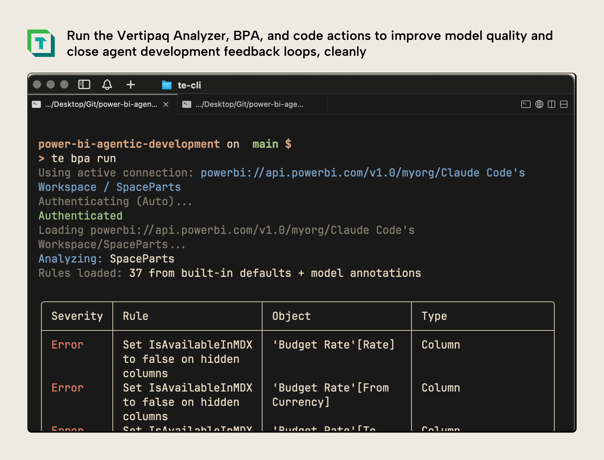 KB044 Figure 13 - The Tabular Editor CLI running Best Practice Analyzer rules against a semantic model, displaying BPA violations with severity, rule name, affected object, and object type in a formatted table