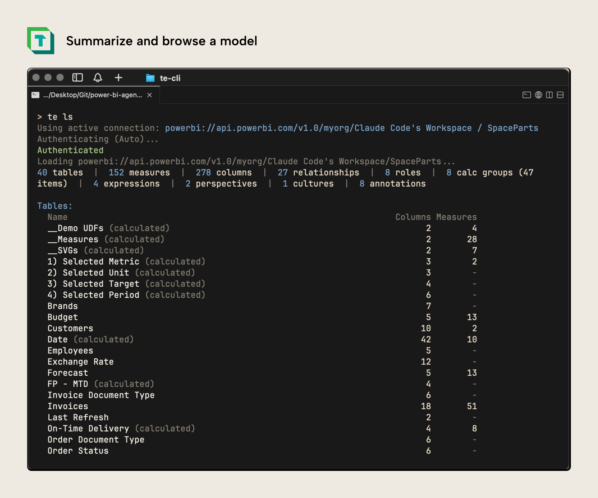 KB044 Figure 11 - The Tabular Editor CLI listing a semantic model summary with object counts for tables, measures, columns, relationships, calculation groups, and other model metadata