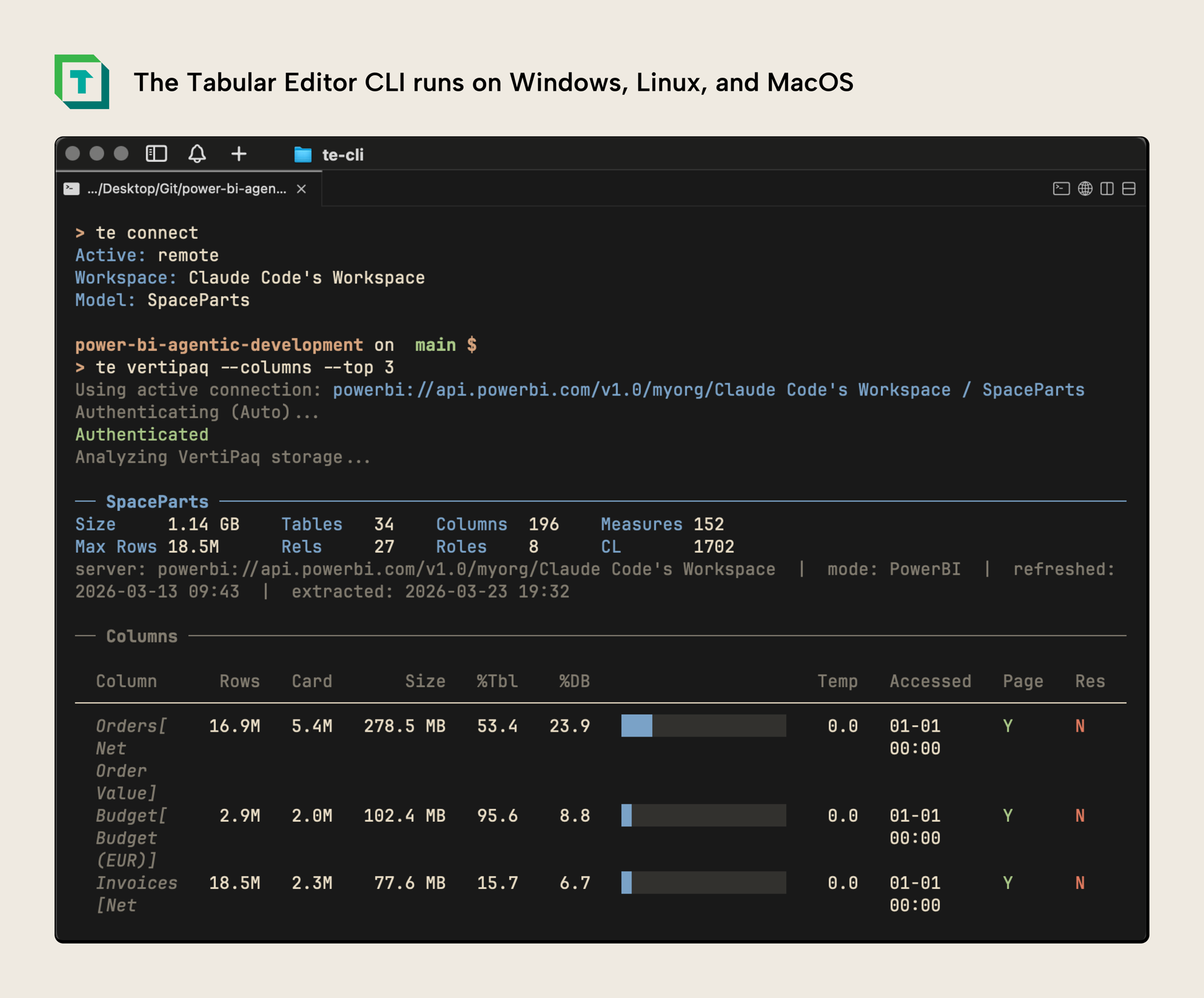 KB044 Figure 10 - The Tabular Editor CLI running on macOS, connected to a remote semantic model and displaying VertiPaq Analyzer results with table sizes, column counts, and row statistics