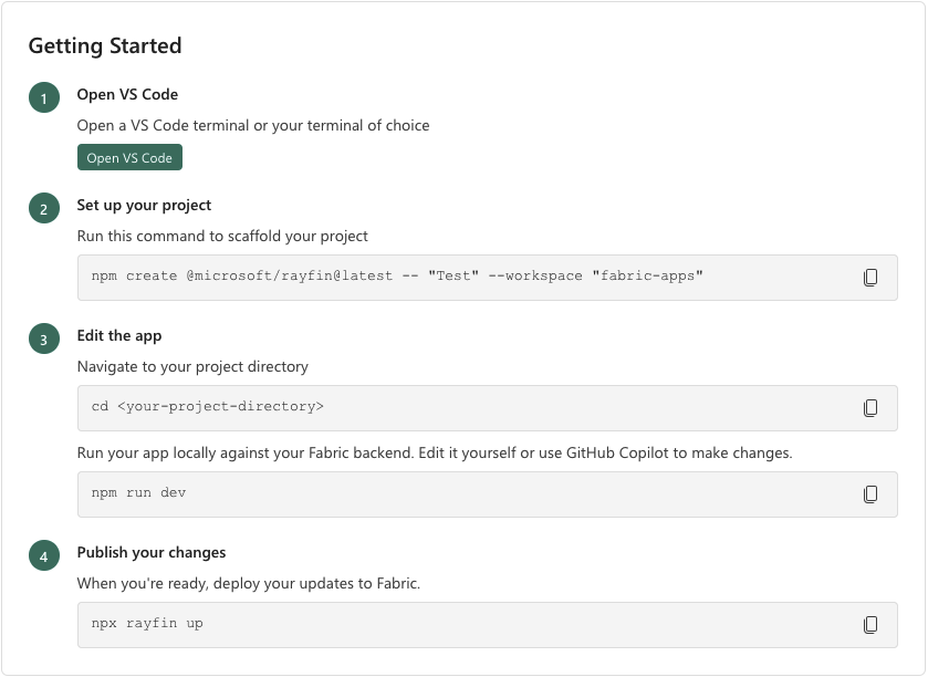 KB045 Figure 10 - Getting Started panel for a Fabric data app in VS Code: scaffold the project with npm create @microsoft/rayfin, develop locally against the Fabric backend with npm run dev, and publish with npx rayfin up