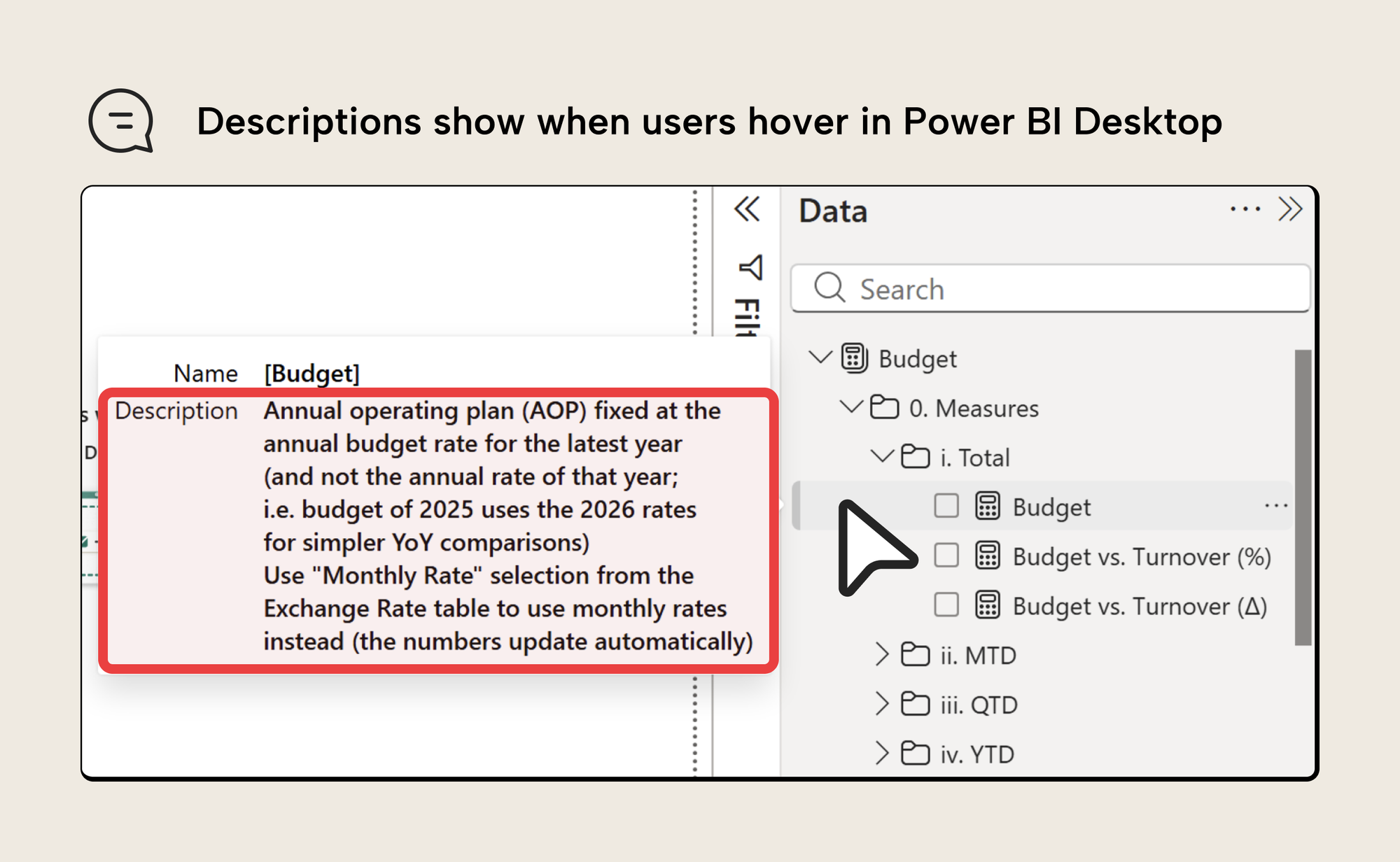 A measure's description showing as a tooltip when you hover over the Budget measure in the Power BI Desktop Data pane