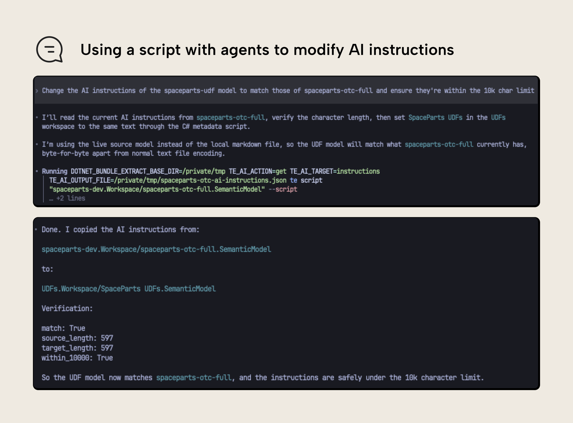 An AI agent using a Tabular Editor CLI script to copy AI instructions from one semantic model to another, then verifying the result