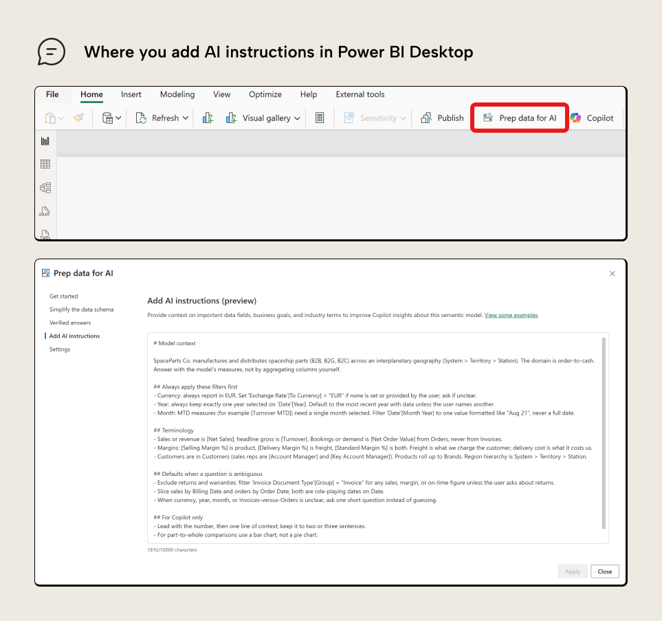 The Prep data for AI button in the Power BI Desktop ribbon, and the Add AI instructions panel where you enter the model's instructions