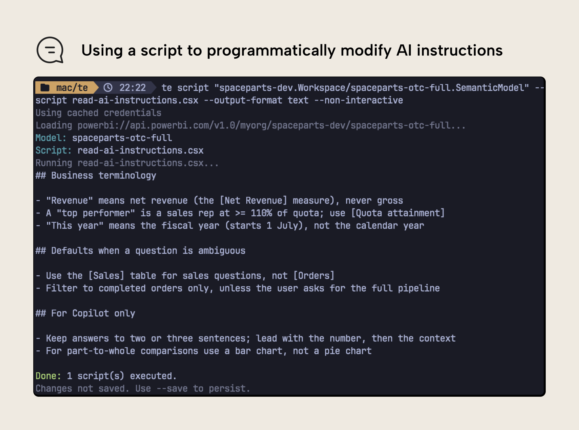 The Tabular Editor CLI running a non-interactive C# script that reads a semantic model's AI instructions in the terminal