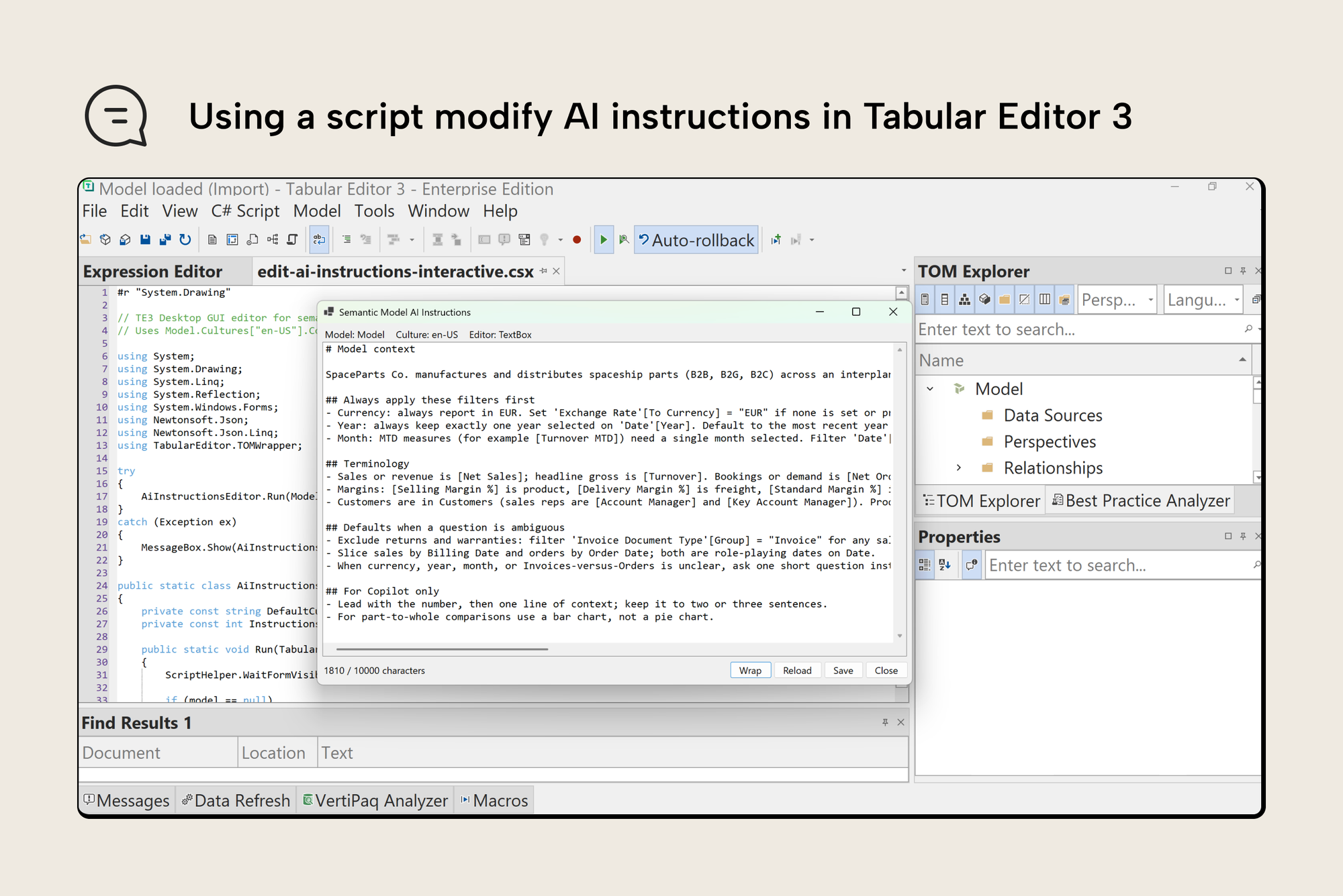 A C# script in Tabular Editor 3 opening a semantic model's AI instructions in a docked editor window