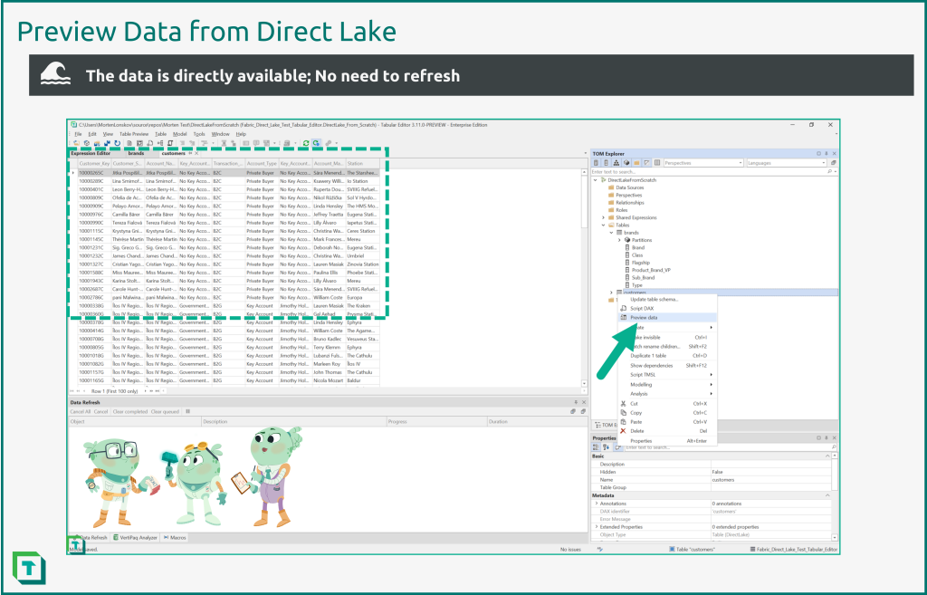 Previewing the data without a refresh shows the advantage of Direct Lake datasets