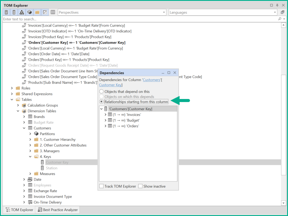 Show Dependencies dialog with Relationship starting from this column